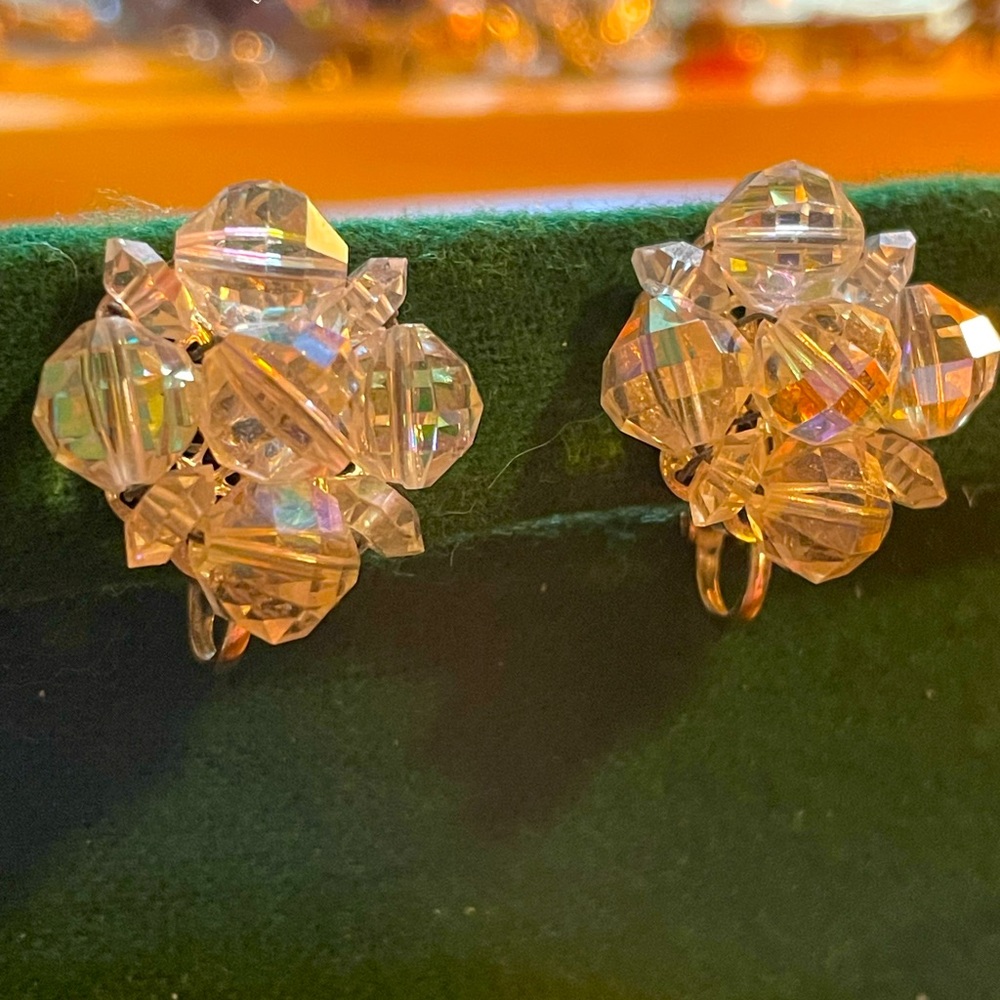 Vintage Aurora Borealis Cluster Clip On Earrings by Laguna